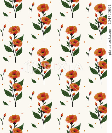 Seamless floral pattern with orange blossoms, green leaves, and soft cream background for elegant natural decoration. Seamless floral pattern with orange blossoms, green leaves, and soft cream background for elegant natural decoration. 134733691