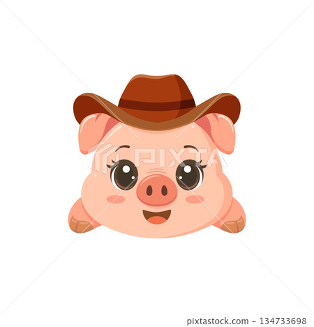 Cute cartoon pig wearing a brown cowboy hat, smiling happily with big shiny eyes, perfect for farm or western themed design. Cute cartoon pig wearing a brown cowboy hat, smiling happily with big shiny eyes, perfect for farm or western themed design. 134733698
