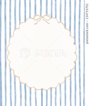 Watercolour hand drawn blue whimsical frame, cottagecore striped card with ribbon and coquette bow. Illustration for baby boy. Template poster for design baby shower Watercolour hand drawn blue whimsical frame, cottagecore striped card with ribbon and coquette bow. Illustration for baby boy. Template poster for design baby shower 134733701