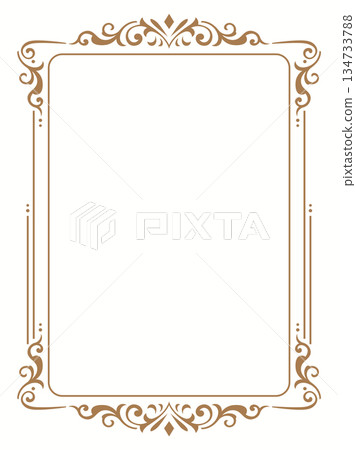 Elegant brown ornamental frame with classic floral corners and decorative border on a white background. Elegant brown ornamental frame with classic floral corners and decorative border on a white background. 134733788