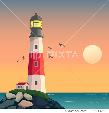 Red and white lighthouse on rocky coast during sunset, birds flying over calm sea with warm orange sky and glowing sunlight. Red and white lighthouse on rocky coast during sunset, birds flying over calm sea with warm orange sky and glowing sunlight. 134733795