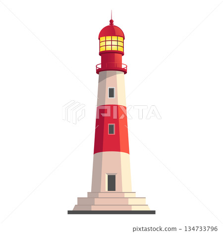 Tall red and white lighthouse with glowing top light standing on a stone base, symbolizing guidance and safety by the sea. 134733796
