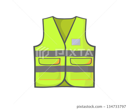 Bright yellow reflective safety vest designed for visibility and protection, commonly used by construction and road workers. 134733797