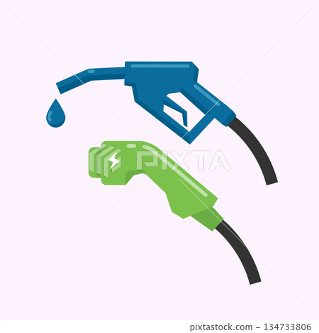 Illustration of electric and gasoline nozzles, symbolizing transition from fossil fuel to clean electric energy. Illustration of electric and gasoline nozzles, symbolizing transition from fossil fuel to clean electric energy. 134733806