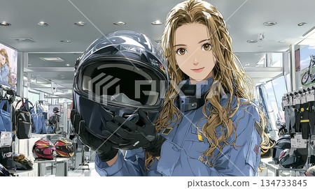 A female rider choosing a helmet at a motorcycle store 134733845