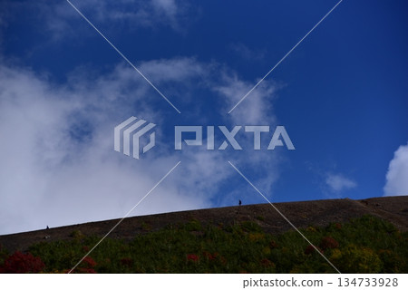 Challenges and partnerships for the future: Two climbers walking along a vast ridgeline (blue sky, copy space) 134733928