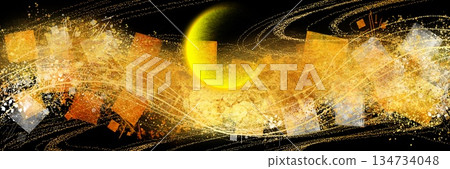 夜空中的新月背景，閃耀著奢華的金色銀色沙粒，橫向黑色背景 134734048