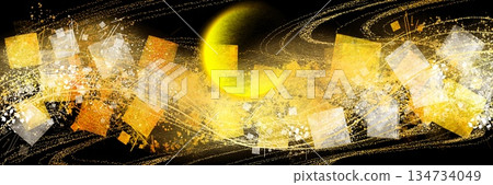 夜空中的新月背景，閃耀著奢華的金色銀色沙粒，橫向黑色背景 134734049
