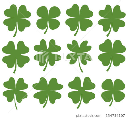 Set of green vector four leaf clover silhouette drawing for icons, cards and for Saint Patrick's day designs 134734107