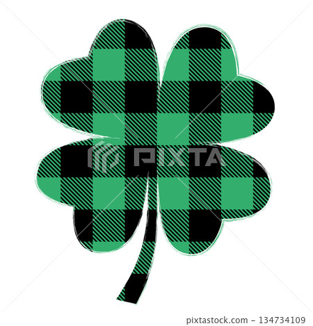 Green and black lumberjack buffalo plaid vector four leaf clover silhouette drawing for Saint Patrick's day designs Green and black lumberjack buffalo plaid vector four leaf clover silhouette drawing for Saint Patrick's day designs 134734109