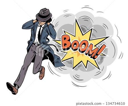 Retro agent running away from comic explosion boom Retro agent running away from comic explosion boom 134734610