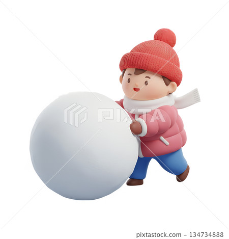 Adorable 3d cartoon child happily rolling a large snowball to build a snowman, perfect for winter fun, family activities, and joyful seasonal scenes 134734888