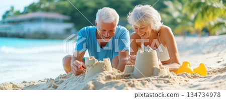 Senior couple with grandchild building sandcastles on beach Senior couple with grandchild building sandcastles on beach 134734978