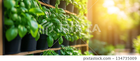 Vertical herb garden in the morning sunlight 134735009