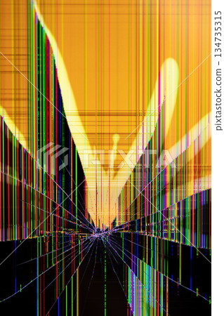 Broken digital screen with a striking abstract display of vibrant pixel lines and radial cracks, symbolizing technology malfunction, damage, and device repair need Broken digital screen with a striking abstract display of vibrant pixel lines and radial cracks, symbolizing technology malfunction, damage, and device repair need 134735315