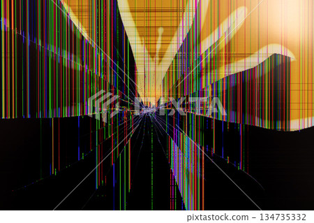 Severely cracked LCD screen displaying vibrant vertical pixel lines from impact, symbolizing technology damage, malfunction, and abstract digital error 134735332