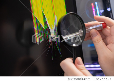 Hand inspecting a severely cracked computer screen with a magnifying glass, illustrating technology breakdown, electronics repair, and diagnostic services Hand inspecting a severely cracked computer screen with a magnifying glass, illustrating technology breakdown, electronics repair, and diagnostic services 134735397