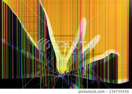 Severely cracked electronic device screen displaying vibrant vertical lines and distorted pixels, illustrating critical technology damage, digital malfunction, and urgent repair service need Severely cracked electronic device screen displaying vibrant vertical lines and distorted pixels, illustrating critical technology damage, digital malfunction, and urgent repair service need 134735430
