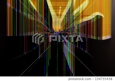 Broken digital screen with colorful vertical lines and radiating crack damage, symbolizing technology malfunction, system error, data corruption, electronic failure 134735438