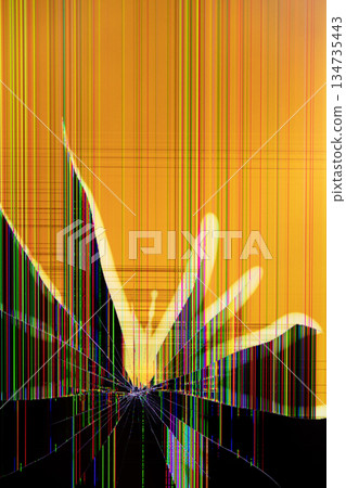 Abstract digital screen displays vibrant colorful vertical lines and intricate shattered glass patterns, signifying critical technology malfunction and electronic device failure 134735443