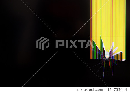 Severely cracked digital display screen showcasing vibrant multicolored vertical lines, signifying critical device damage, technical malfunction, or urgent repair needs 134735444