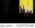 Cracked LCD screen with radial damage and vibrant vertical color lines on a yellow and black background, symbolizing technology malfunction and data error 134735446