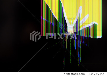 Broken display screen featuring prominent radial cracks and vibrant color pixel lines on a dark background, signifying technology damage, malfunction, and urgent repair Broken display screen featuring prominent radial cracks and vibrant color pixel lines on a dark background, signifying technology damage, malfunction, and urgent repair 134735454