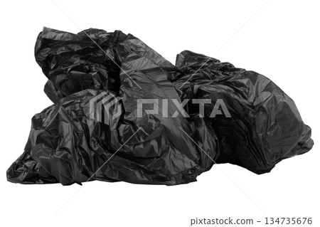 crumpled black garbage bag isolated on white background crumpled black garbage bag isolated on white background 134735676