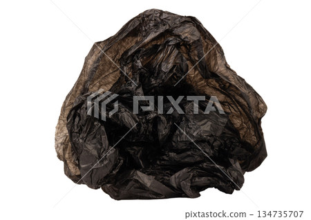 crumpled black garbage bag isolated on white background crumpled black garbage bag isolated on white background 134735707