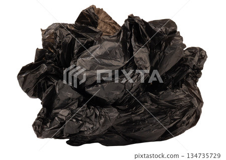 crumpled black garbage bag isolated on white background 134735729