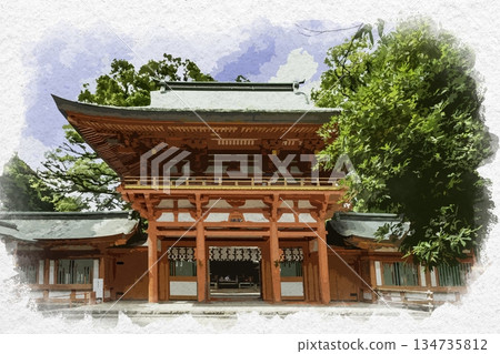Watercolor painting of Omiya Hikawa Shrine's tower gate in Saitama City, Saitama Prefecture 134735812
