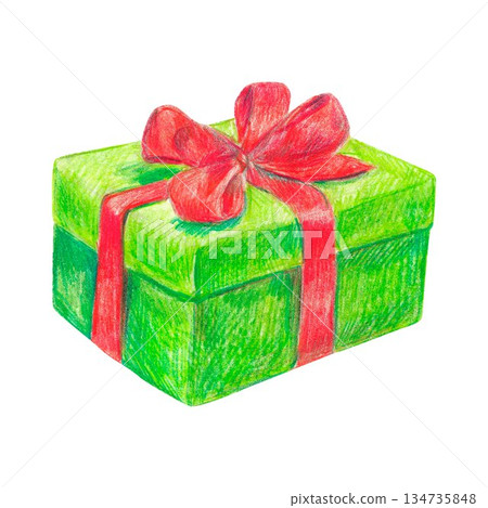 Hand drawn illustration with a present box for graphic design. Isolated colored pencil illustration on white background. New year collection. Hand drawn illustration with a present box for graphic design. Isolated colored pencil illustration on white background. New year collection. 134735848