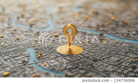 Golden location pin over city map, navigation concept Golden location pin over city map, navigation concept 134736006