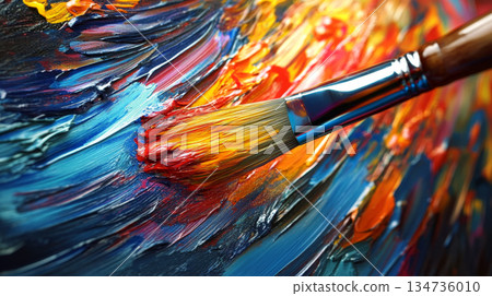 Close-up of paintbrush with vibrant yellow, red, and blue paint strokes 134736010