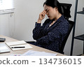 Young business woman touches her forehead to indicate stress or headache 134736015