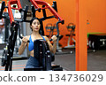 Young woman's fitness exercise with dumbbells gym equipment in the gym promotes a healthy lifestyle 134736029