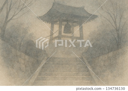 New Year's Eve Series: A quiet composition of a bell tower floating above the stairs New Year's Eve Series: A quiet composition of a bell tower floating above the stairs 134736130