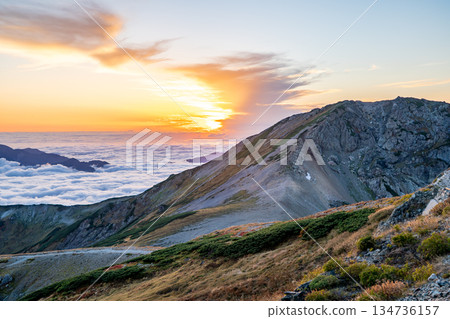Sunset over Mount Asahi seen from Hakuba Sanso - Traverse of Mount Hakuba in the Northern Alps Sunset over Mount Asahi seen from Hakuba Sanso - Traverse of Mount Hakuba in the Northern Alps 134736157