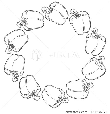 Round frame with peppers. Hand-drawn vegetables. Vegetarian diet food with vitamins for preparing delicious and healthy dishes. 134736173
