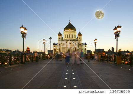 Night view of the Christ the Savior Cathedral with the super moon, Moscow, Russia 134736909