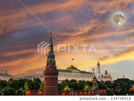 Night view of the Moscow Kremlin, Russia (the most popular view). Against the background of a beautiful sky with the moon Night view of the Moscow Kremlin, Russia (the most popular view). Against the background of a beautiful sky with the moon 134736918