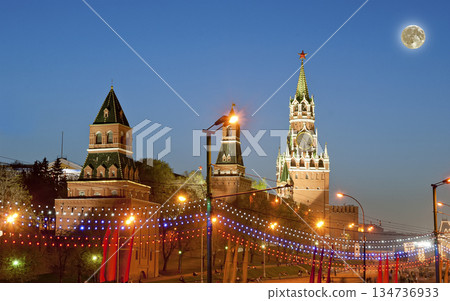 Victory Day decoration on the Red Square (at night with the super moon), Moscow, Russia. 134736933