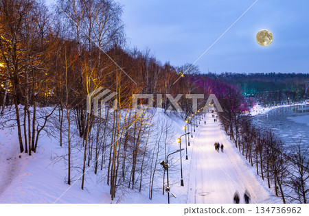 Christmas (New Year holidays) decoration in Moscow (at night, with the super moon), Russia-- Vorobyovskaya Embankment of the Moskva river and Sparrow Hills (Vorobyovy Gory) Christmas (New Year holidays) decoration in Moscow (at night, with the super moon), Russia-- Vorobyovskaya Embankment of the Moskva river and Sparrow Hills (Vorobyovy Gory) 134736962