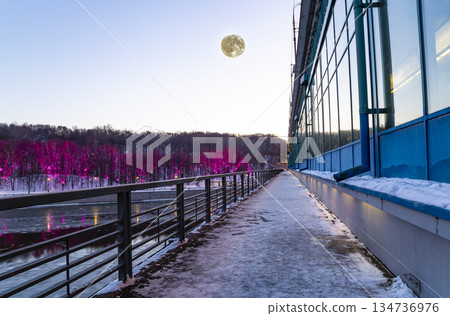 Christmas (New Year holidays) decoration in Moscow (at night, with the super moon), Russia-- Andreevskaya (Andreevsky) embankment 134736976