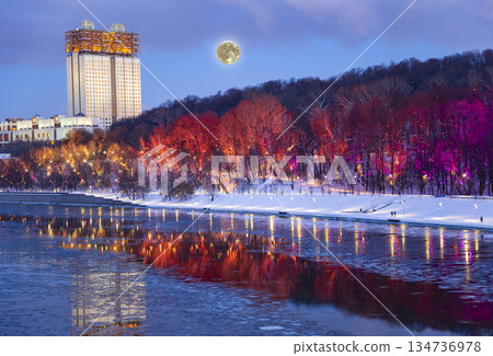 Christmas (New Year holidays) decoration in Moscow (at night, with the super moon), Russia-- Andreevskaya (Andreevsky) embankment 134736978