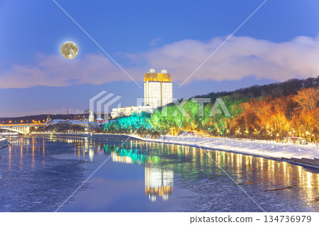 Christmas (New Year holidays) decoration in Moscow (at night, with the super moon), Russia-- Andreevskaya (Andreevsky) embankment 134736979