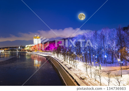 Christmas (New Year holidays) decoration in Moscow (at night, with the super moon), Russia-- Andreevskaya (Andreevsky) embankment 134736983