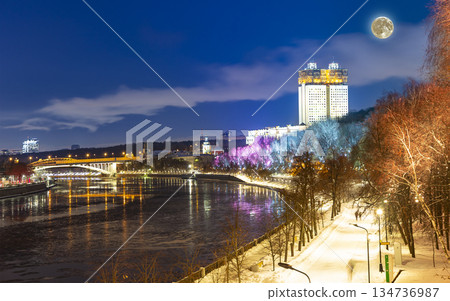 Christmas (New Year holidays) decoration in Moscow (at night, with the super moon), Russia-- Andreevskaya (Andreevsky) embankment 134736987
