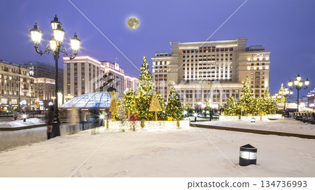 Christmas (New Year holidays) decoration in Moscow (at night) with the super moon, Russia-- Manege Square near the Kremlin 134736993