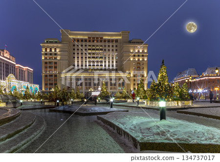 Christmas (New Year holidays) decoration in Moscow (at night) with the super moon, Russia-- Manege Square near the Kremlin 134737017